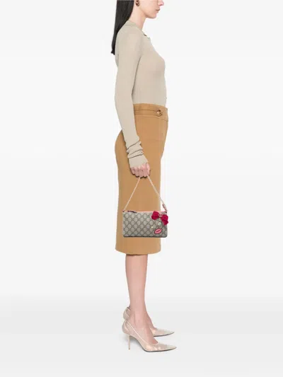 Pre-owned Gucci 2000-2015 Gg Supreme Face Embellished Wallet On Chain Crossbody Bag In Neutrals