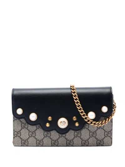 Pre-owned Gucci 2000-2015 Gg Supreme Peony Pearly Wallet On Chain Crossbody Bag In Neutrals