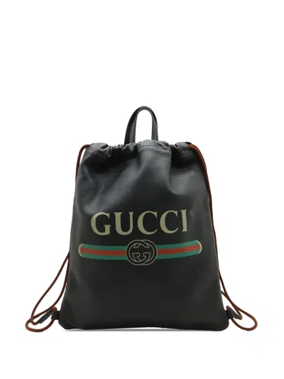 Pre-owned Gucci 2000-2015 Grained Calfskin Web Logo Drawstring Backpack In Black