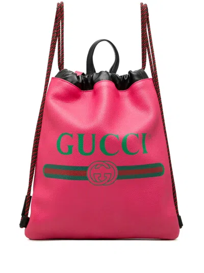 Pre-owned Gucci 2000-2015 Grained Calfskin Web Logo Drawstring Backpack In Pink
