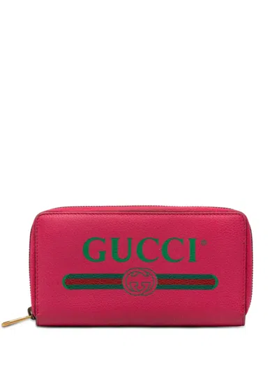 Pre-owned Gucci 2000-2015 Grained Calfskin Web Logo Zip Around Wallet Long Wallets In Pink