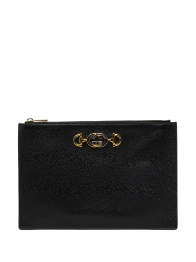 Pre-owned Gucci 2000-2015 Grained Calfskin Zumi Zip Pouch Clutch Bag In ブラック
