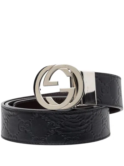Pre-owned Gucci 2000-2015 Ssima Interlocking G Buckle Reversible Belt In Black