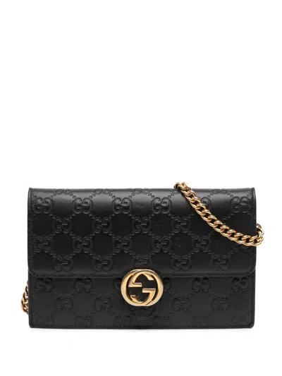 Pre-owned Gucci 2000-2015 Ssima Interlocking G Wallet On Chain Crossbody Bag In Black