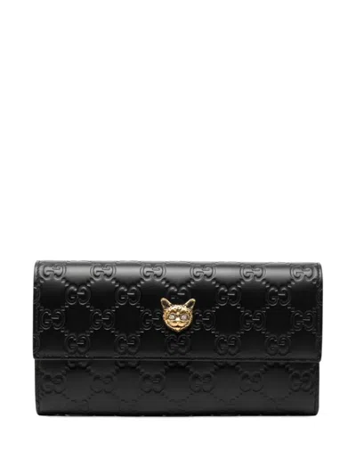Pre-owned Gucci 2000-2015 Ssima Signature Crystal Cat Continental Wallet Long Wallets In Black
