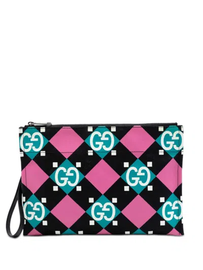 Pre-owned Gucci 2000-2015 Jumbo Gg Canvas Geometric Print Clutch Bag In Black