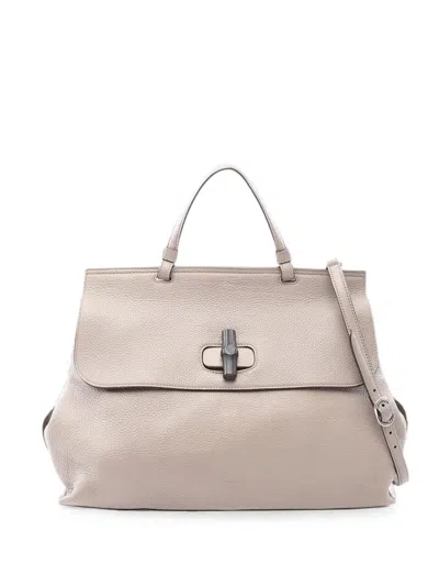 Pre-owned Gucci 2000-2015 Large Calfskin Bamboo Daily Satchel In Neutrals