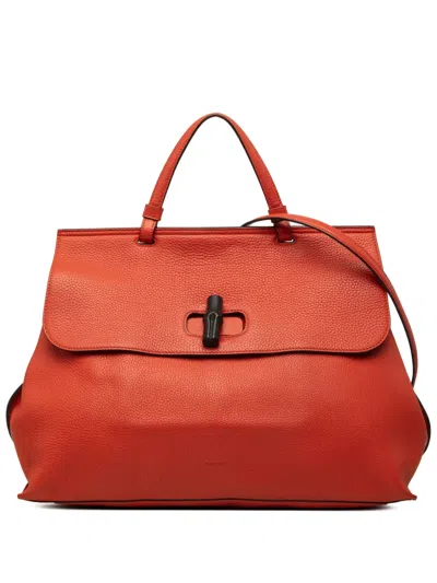 Pre-owned Gucci 2000-2015 Large Calfskin Bamboo Daily Satchel In Orange