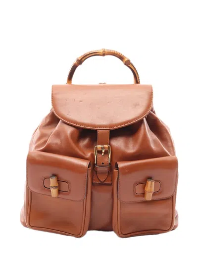 Pre-owned Gucci 2000-2015 Large Calfskin Bamboo Drawstring Backpack In Brown
