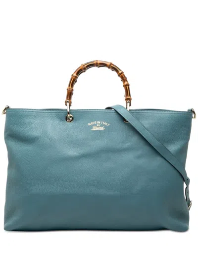 Pre-owned Gucci 2000-2015 Large Calfskin Bamboo Shopper Satchel In Blue