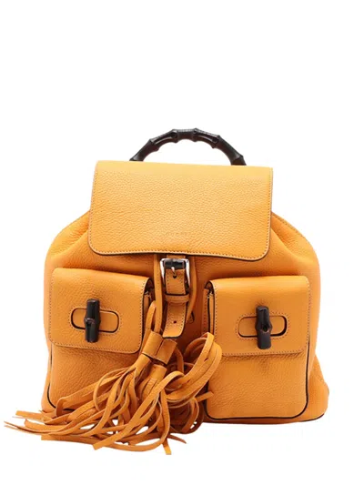 Pre-owned Gucci 2000-2015 Large Calfskin Bamboo Tassel Drawstring Backpack In Yellow