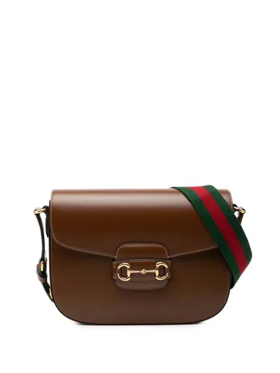 Pre-owned Gucci 2000-2015 Large Calfskin Web Horsebit 1955 Crossbody Bag In Brown