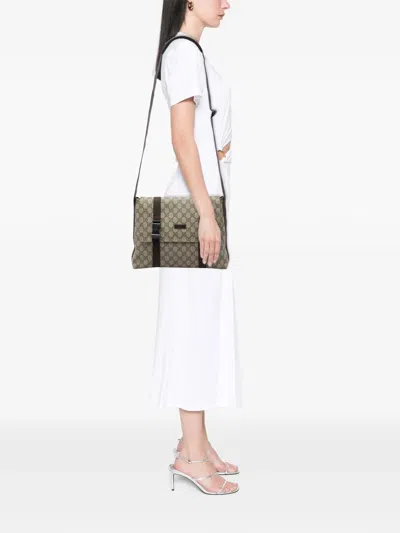 Pre-owned Gucci 2000-2015 Large Gg Supreme Double Buckle Flap Messenger Bag Crossbody Bag In Neutrals