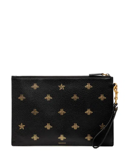 Pre-owned Gucci 2000-2015 Leather Bee Star Clutch Bag In Black