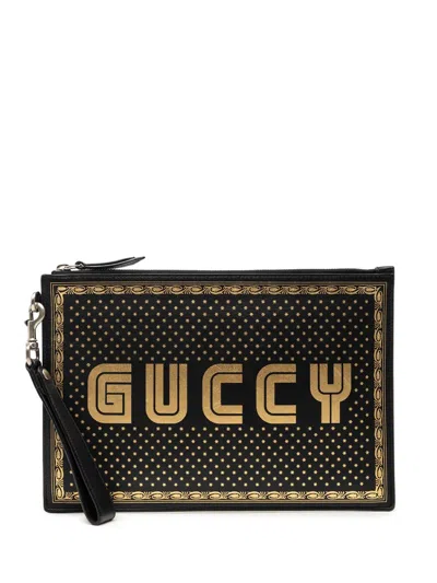 Pre-owned Gucci 2000-2015 Leather Guccy Sega Clutch Bag In Black