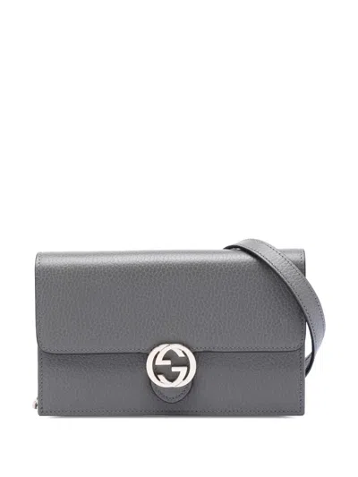 Pre-owned Gucci 2000-2015 Leather Interlocking G Dollar Wallet On Chain Crossbody Bag In Gray