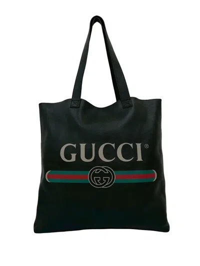 Pre-owned Gucci 2000-2015 Leather Logo Tote Bag In Black