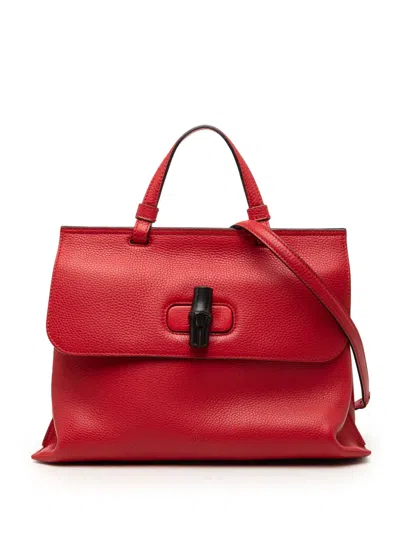 Pre-owned Gucci 2000-2015 Medium Calfskin Bamboo Daily Satchel In Red