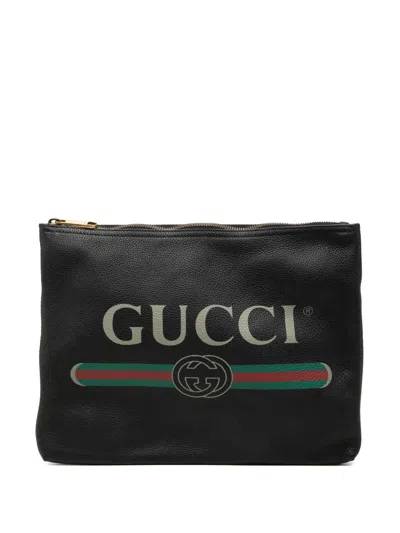 Pre-owned Gucci 2000-2015 Medium Calfskin Logo Portfolio Clutch Bag In Black