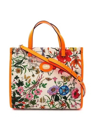 Pre-owned Gucci 2000-2015 Medium Canvas Flora Satchel In White
