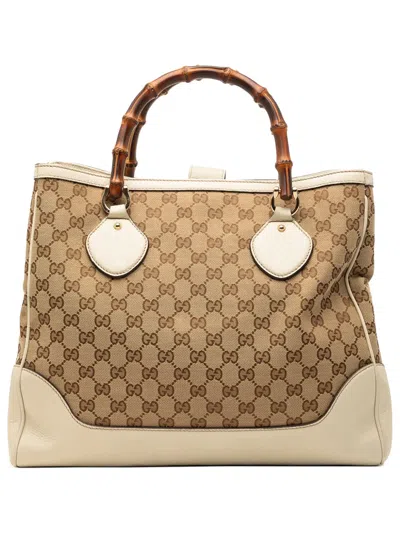 Pre-owned Gucci 2000-2015 Medium Gg Canvas Bamboo Diana Tote Bag In White