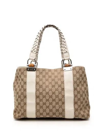 Pre-owned Gucci 2000-2015 Medium Gg Canvas Bamboo Libeccio Tote Bag In Neutral