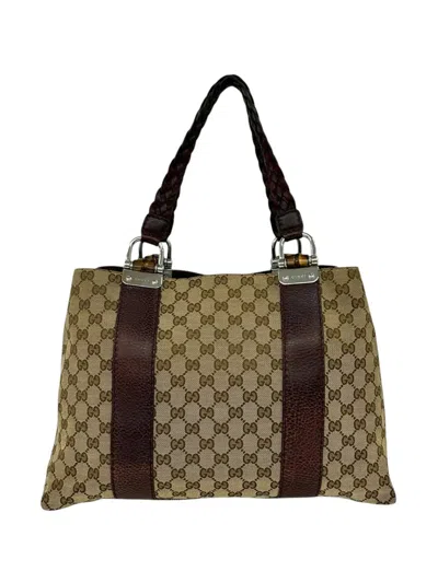 Pre-owned Gucci 2000-2015 Medium Gg Canvas Bamboo Libeccio Tote Bag In Neutral