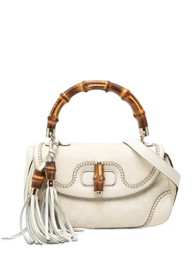 Pre-owned Gucci 2000-2015 Medium Gg Canvas New Bamboo Satchel In White