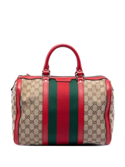 Pre-owned Gucci 2000-2015 Medium Gg Canvas Web Joy Boston Bag Satchel In Brown