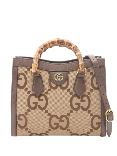 Pre-owned Gucci 2000-2015 Medium Jumbo Gg Canvas Bamboo Diana Satchel In Neutral