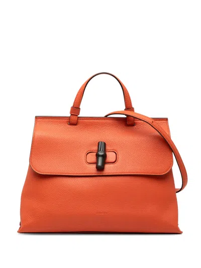 Pre-owned Gucci 2000-2015 Medium Leather Bamboo Daily Satchel In Orange