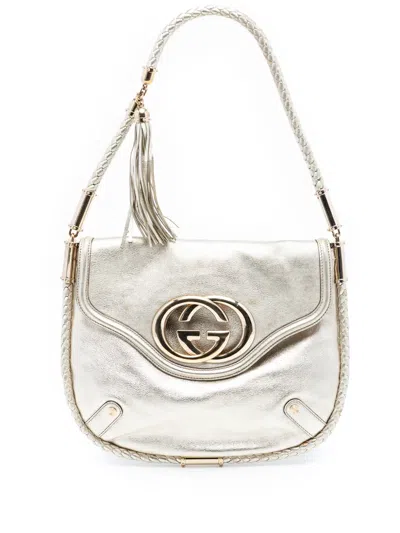 Pre-owned Gucci 2000-2015 Medium Metallic Calfskin Britt Tassel Flap Shoulder Bag In Gold