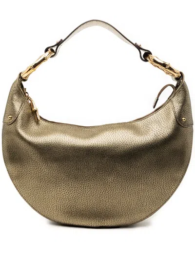 Pre-owned Gucci 2000-2015 Medium Metallic Leather Bamboo Ring Hobo Bag In Gold