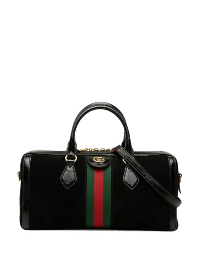 Pre-owned Gucci 2000-2015 Medium Suede Web Ophidia Top Handle Bag Satchel In Black