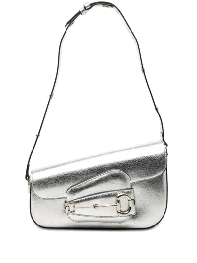 Pre-owned Gucci 2000-2015 Metallic Textured Calfskin Asymmetric Horsebit 1955 Shoulder Bag In Silver