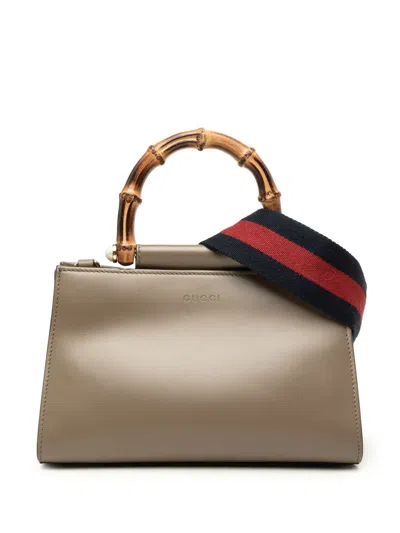 Pre-owned Gucci 2000-2015 Mini Calfskin Web Bamboo Nymphaea Satchel In Brown