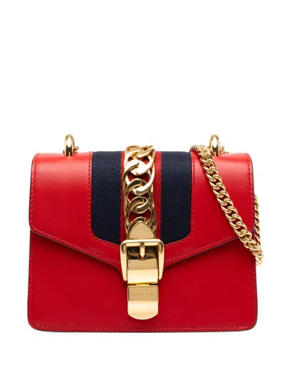 Pre-owned Gucci 2000-2015 Mini Calfskin Web Sylvie Chain Satchel In Red