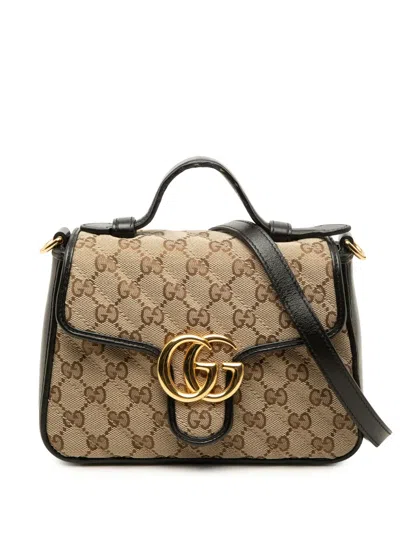 Pre-owned Gucci 2000-2015 Mini Gg Marmont Matelasse Diagonal Gg Canvas And Calfskin Top Handle Bag Satchel In Neutrals