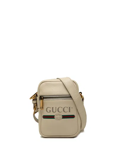 Pre-owned Gucci 2000-2015 Mini Grained Calfskin Logo Crossbody Bag In White