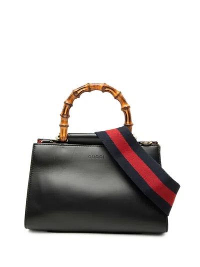 Pre-owned Gucci 2000-2015 Mini Nappa Bamboo Web Nymphaea Top Handle Bag Satchel In Black