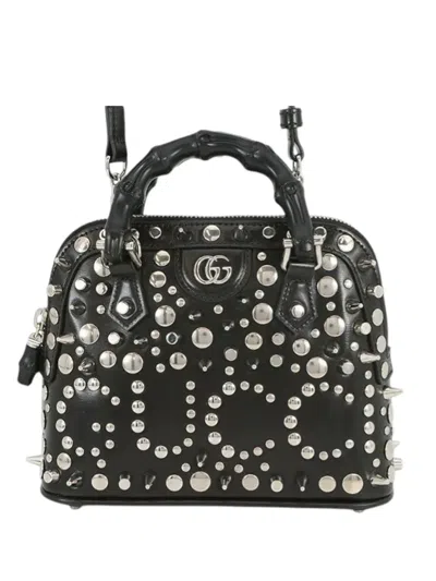 Pre-owned Gucci 2000-2015 Mini Studded Dollar Calfskin Bamboo Diana Dome Satchel In Black