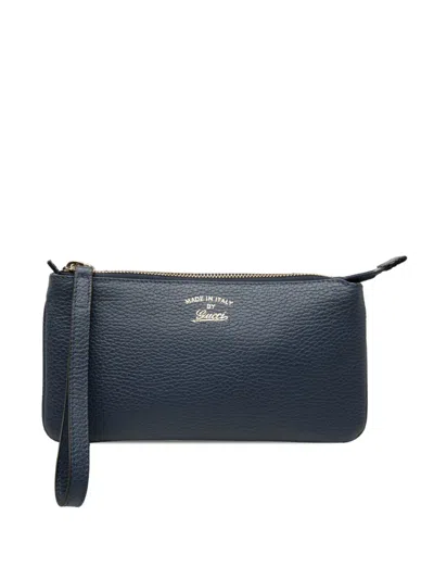 Pre-owned Gucci 2000-2015 Pebbled Leather Swing Wristlet Pouch In Blue