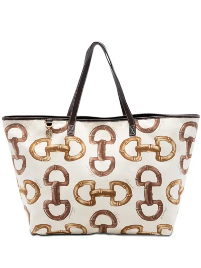 Pre-owned Gucci 2000-2015 Printed Canvas Bamboo Horsebit Tote Bag In Brown