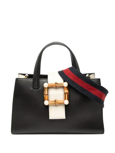 Pre-owned Gucci 2000-2015 Small Bicolor Calfskin Bamboo Buckle Web Top Handle Bag Satchel In Black