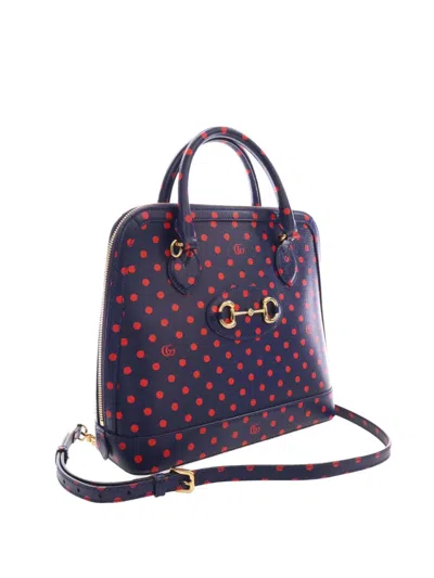 Pre-owned Gucci 2000-2015 Small Calfskin Polka Dot Horsebit 1955 Top Handle Satchel In Blue