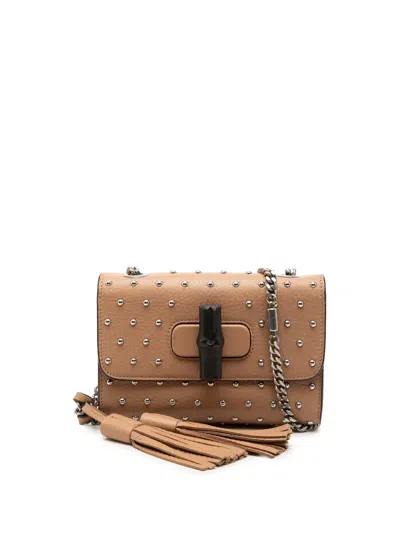 Pre-owned Gucci 2000-2015 Small Calfskin Studded Miss Bamboo Crossbody Bag In Neutral