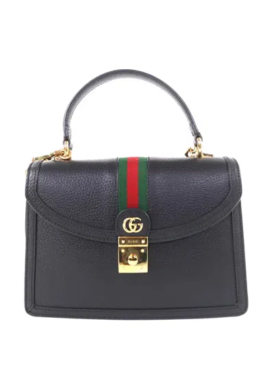 Pre-owned Gucci 2000-2015 Small Calfskin Web Ophidia Top Handle Flap Satchel In Black
