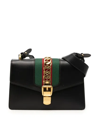Pre-owned Gucci 2000-2015 Small Calfskin Web Sylvie Satchel In Black