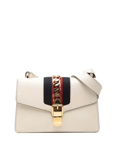 Pre-owned Gucci 2000-2015 Small Calfskin Web Sylvie Satchel In White