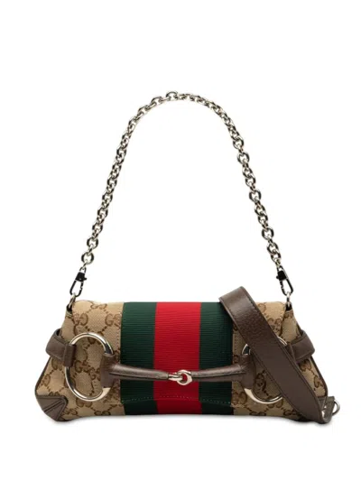Pre-owned Gucci 2000-2015 Small Gg Canvas Horsebit Web Chain Satchel In Neutrals